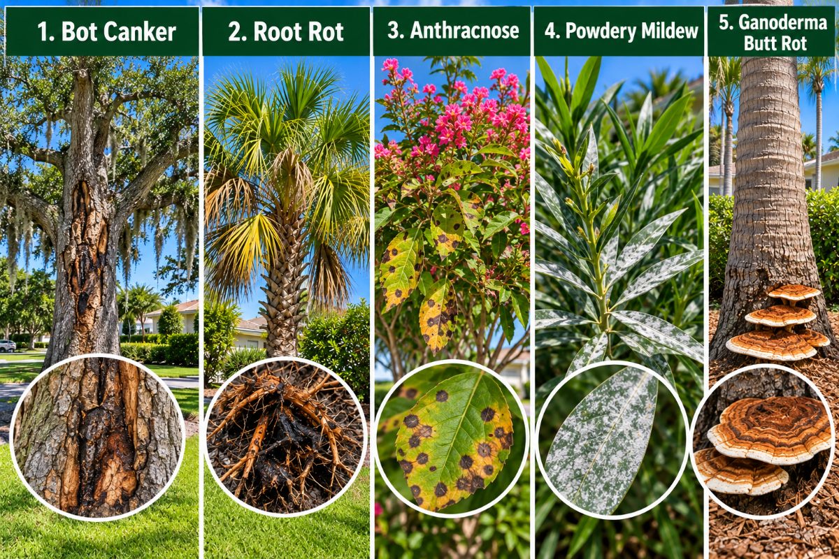 Five common Florida tree diseases: bot canker on an oak trunk, root rot in a palm, anthracnose leaf spots, powdery mildew on leaves, and ganoderma butt rot fungus on a palm trunk